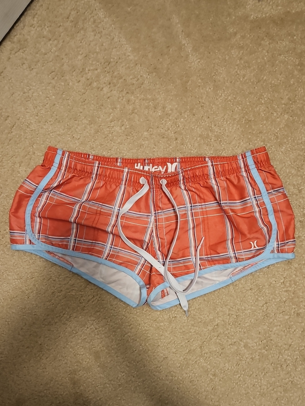 Hurley Coral Plaid Swim Shorts with Light Blue Trim